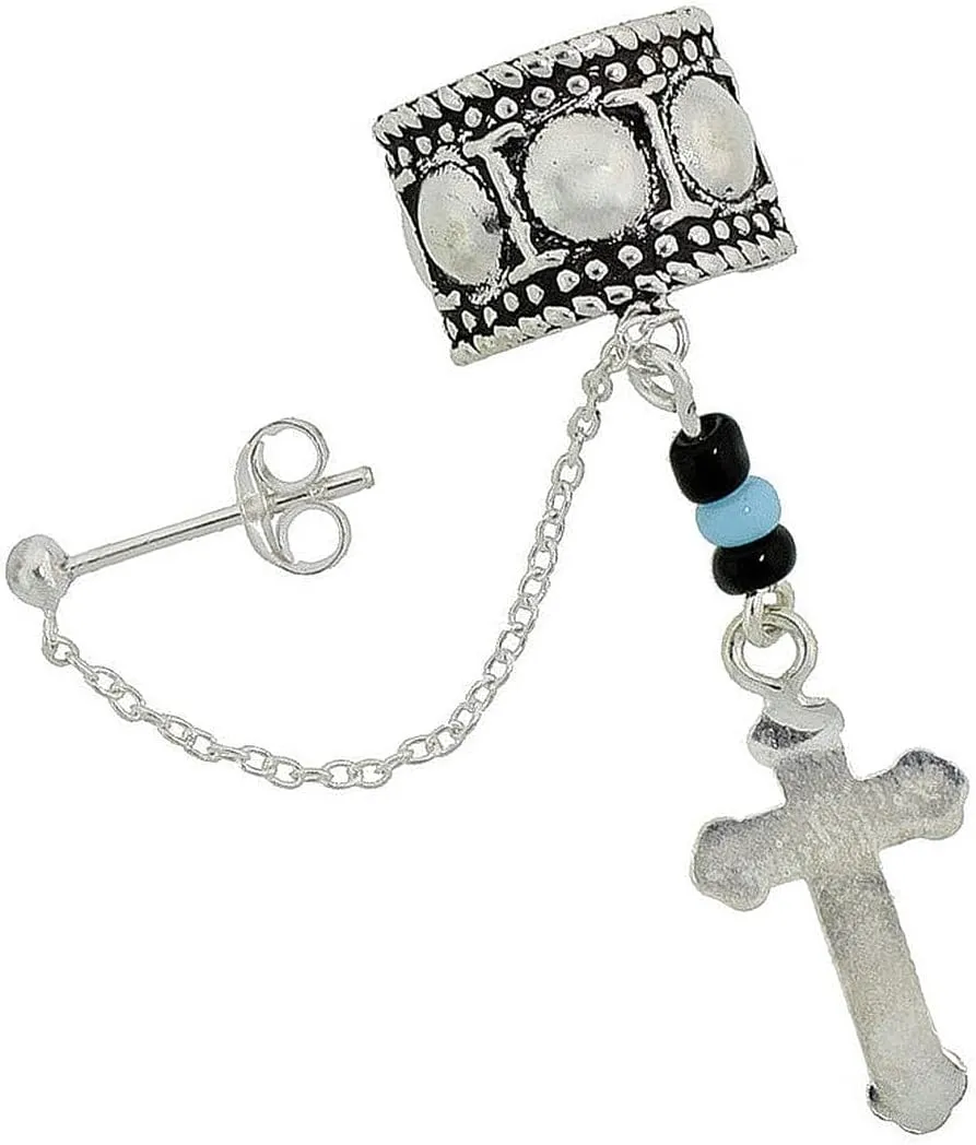 The New Sterling Silver Cross Ear Cuff Earring With Chain & Ball Stud (One Piece) Handcrafted, universal fit, vibrant enamel, secure artisan design SU033O00620