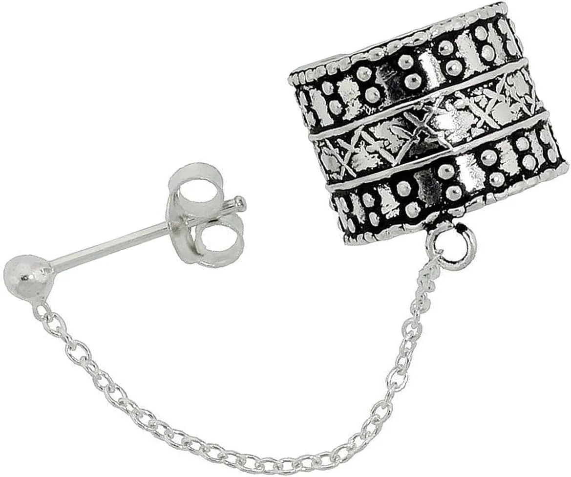 The New Sterling Silver Ear Cuff Earring With Chain & Ball Stud (One Piece) Handcrafted, universal fit, vibrant enamel, secure artisan design SU033O00414