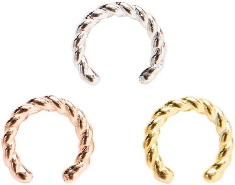 Three Piece Tri Color Plating Rope Sterling Silver Ear Cuff Set