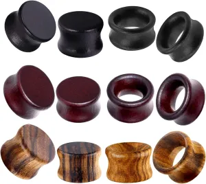 TIANCI FBYJS 12pcs Vintage Natural Brown Black Wood Organic Ear Tunnel Plugs Stretcher Gauges for Men and Women Hollow Solid Wooden Gauges For Ear