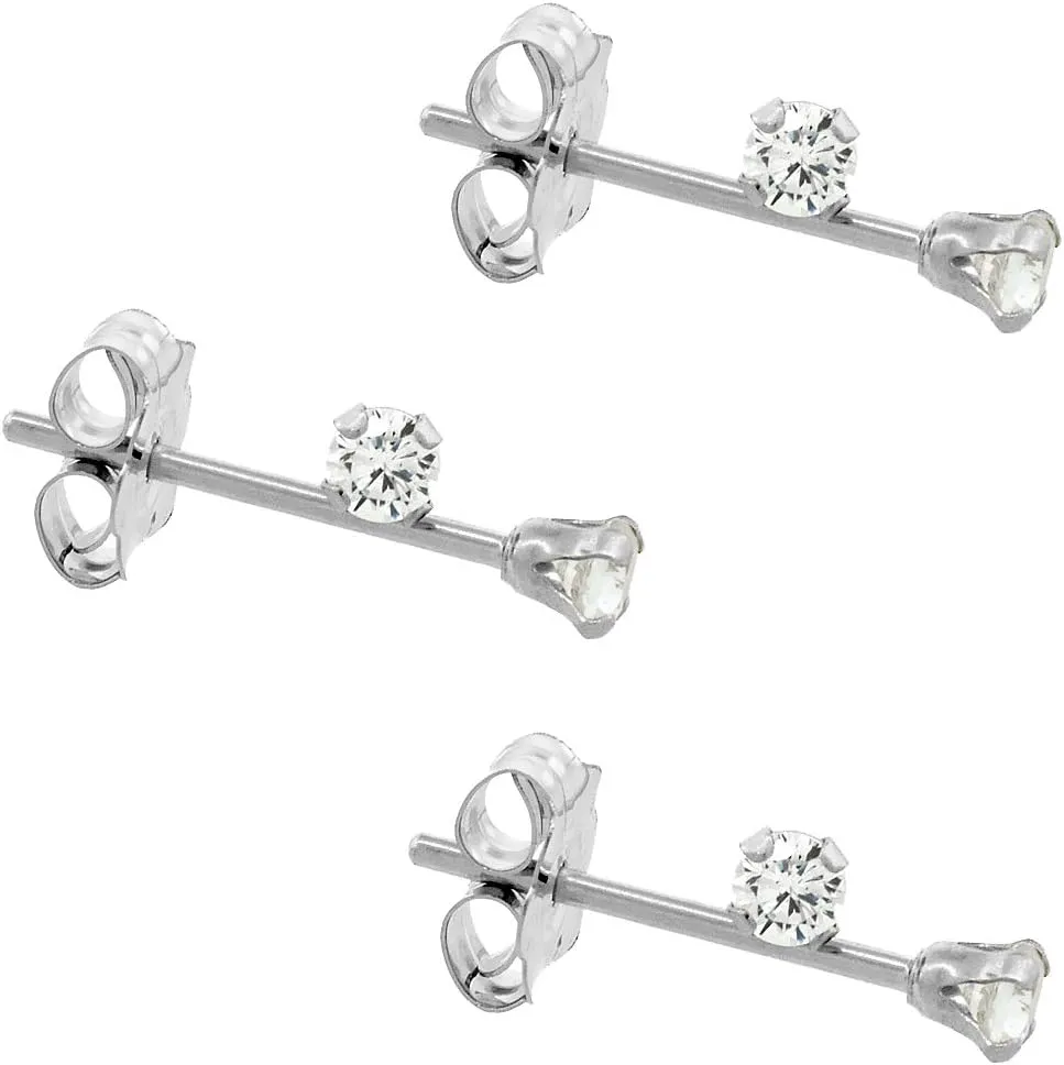 Tiny 14K White Gold 2mm Cubic Zirconia Stud Earrings Cartilage Nose Studs Women 4 prong 0.06 ct/pr