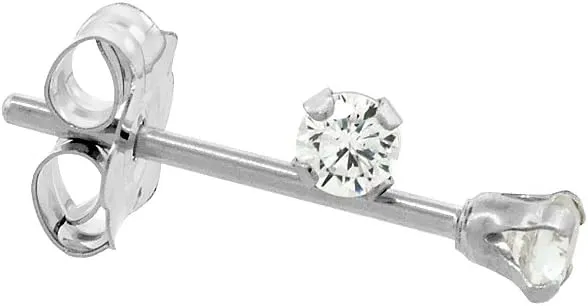 Tiny 14K White Gold 2mm Cubic Zirconia Stud Earrings Cartilage Nose Studs Women 4 prong 0.06 ct/pr