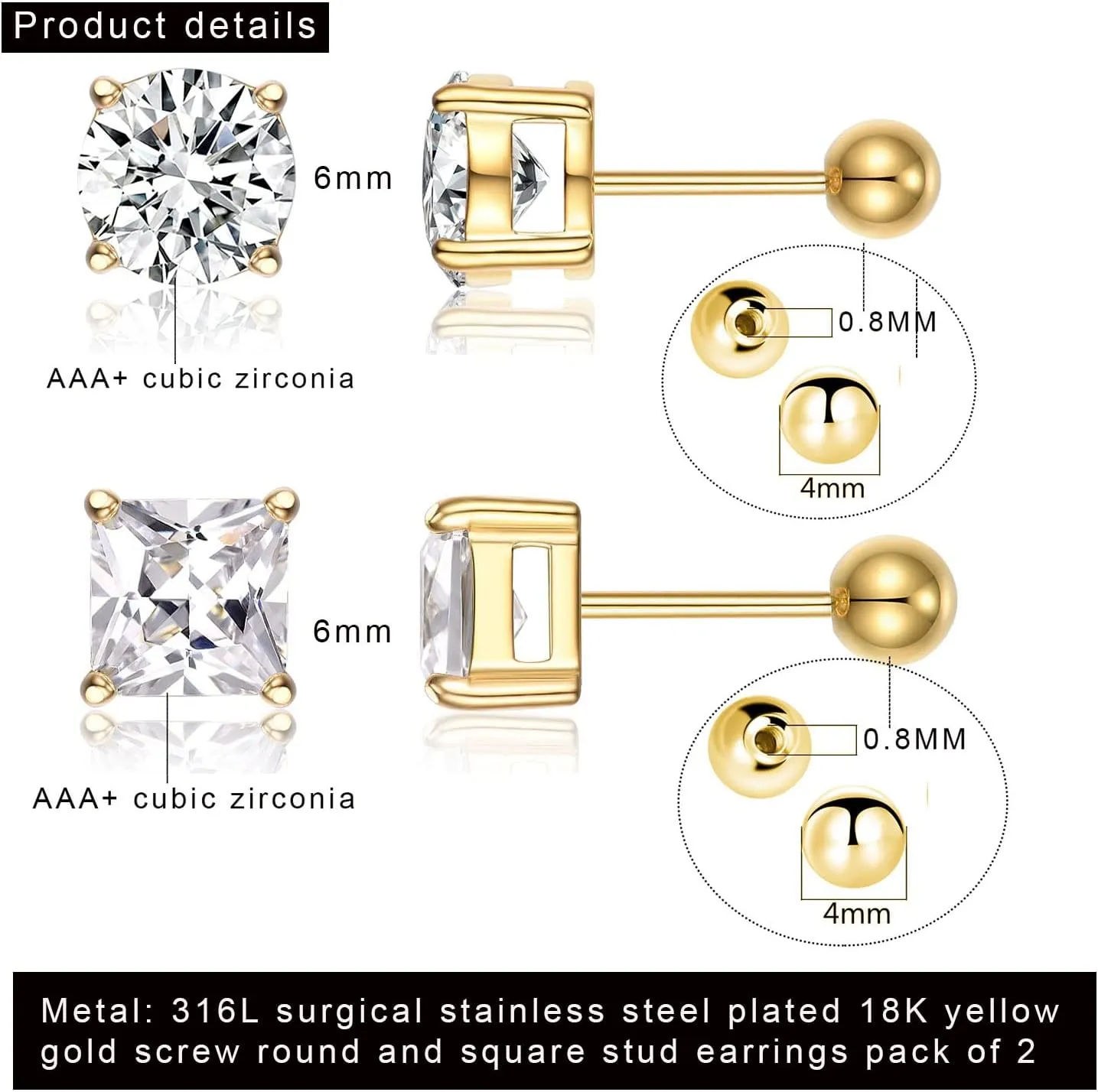 Titanium Screw Ball Back Mutiple Earrings Set for Mem Created Diamond CZ Ear Piercing Surgical Stainless Steel Women Studs Pack