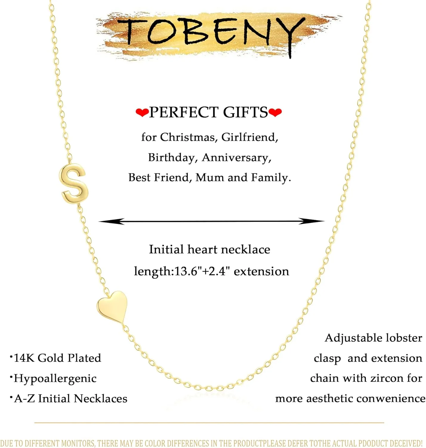 TOBENY Dainty Gold Initial Necklaces for Women,14k Gold Plated Sideways Letter Necklace Personalized A-Z Name Heart Choker Necklace Tiny Cute Monogram Necklace Jewelry Gift