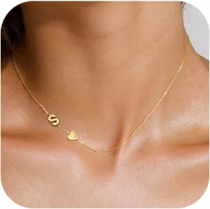 TOBENY Dainty Gold Initial Necklaces for Women,14k Gold Plated Sideways Letter Necklace Personalized A-Z Name Heart Choker Necklace Tiny Cute Monogram Necklace Jewelry Gift