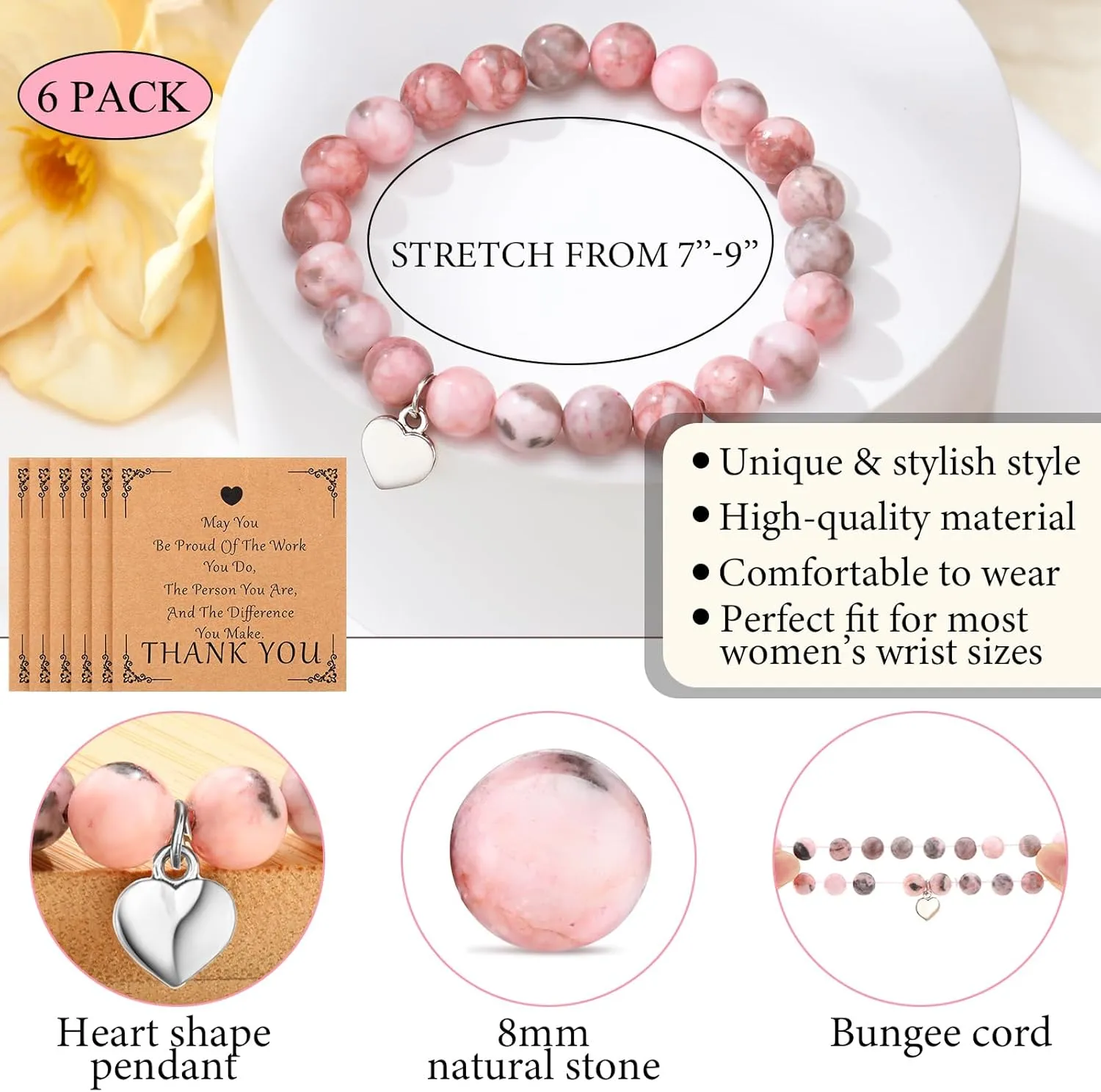 Tondiamo 6 Sets Thank You Gifts for Coworker Include 6 Natural Stone Bracelets 6 Cards 6 Canvas Makeup Bags May You Be Proud of the Work Employee Volunteer Nurse Week Appreciation