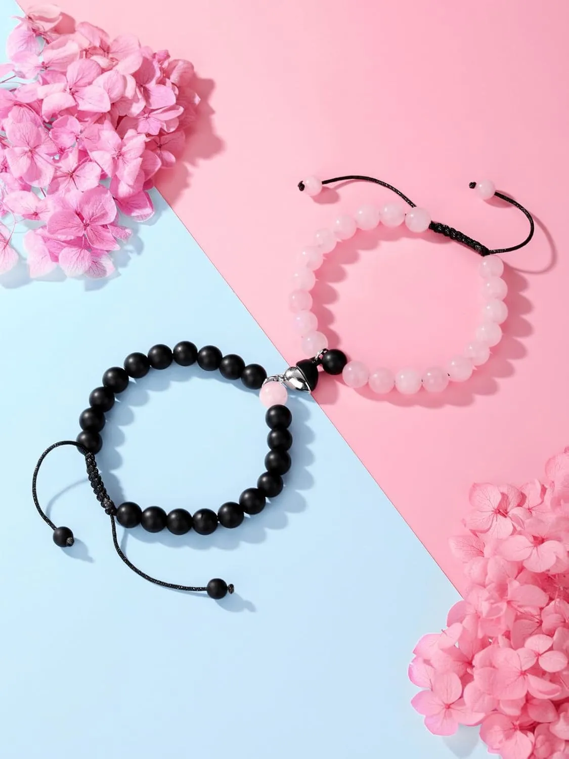 Top Plaza 2pcs Couple Bracelets Healing Crystal Black Agate White Turquoise Bracelets for Couples Matching Heart Bracelet for Lover Him & Her Boyfriend Girlfriend Valentine's Day Gifts
