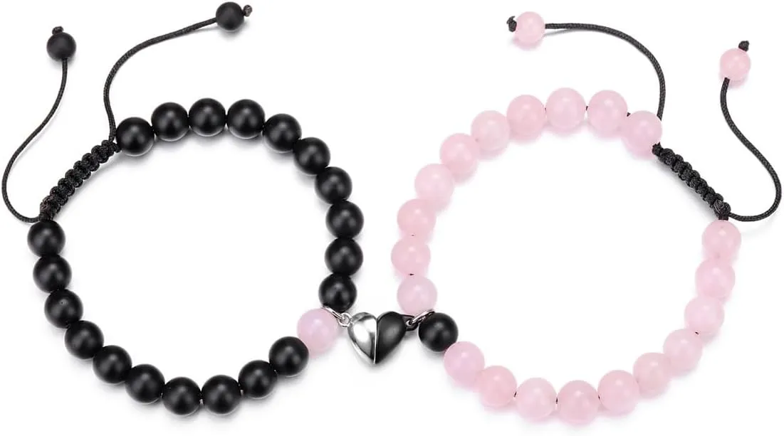 Top Plaza 2pcs Couple Bracelets Healing Crystal Black Agate White Turquoise Bracelets for Couples Matching Heart Bracelet for Lover Him & Her Boyfriend Girlfriend Valentine's Day Gifts