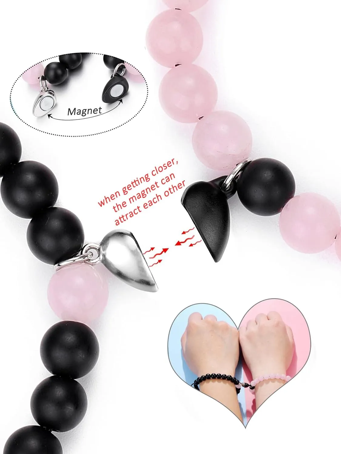 Top Plaza 2pcs Couple Bracelets Healing Crystal Black Agate White Turquoise Bracelets for Couples Matching Heart Bracelet for Lover Him & Her Boyfriend Girlfriend Valentine's Day Gifts