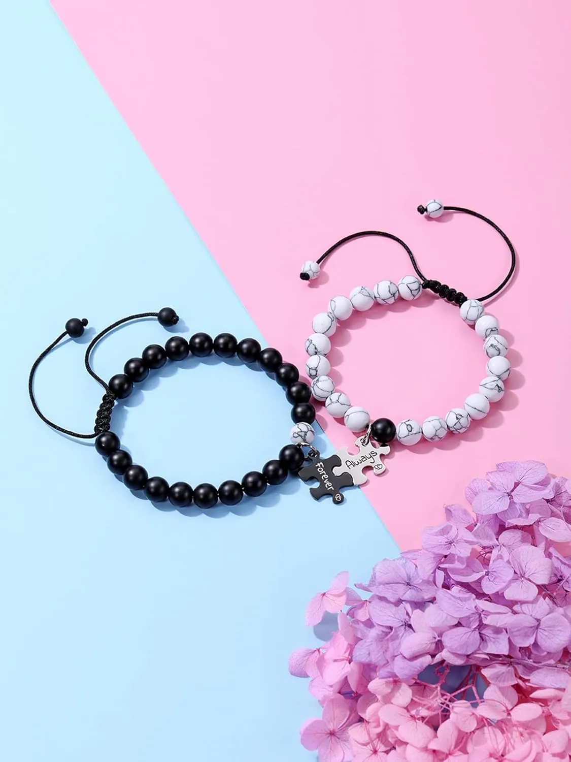 Top Plaza 2pcs Couple Bracelets Healing Crystal Black Agate White Turquoise Bracelets for Couples Matching Heart Bracelet for Lover Him & Her Boyfriend Girlfriend Valentine's Day Gifts