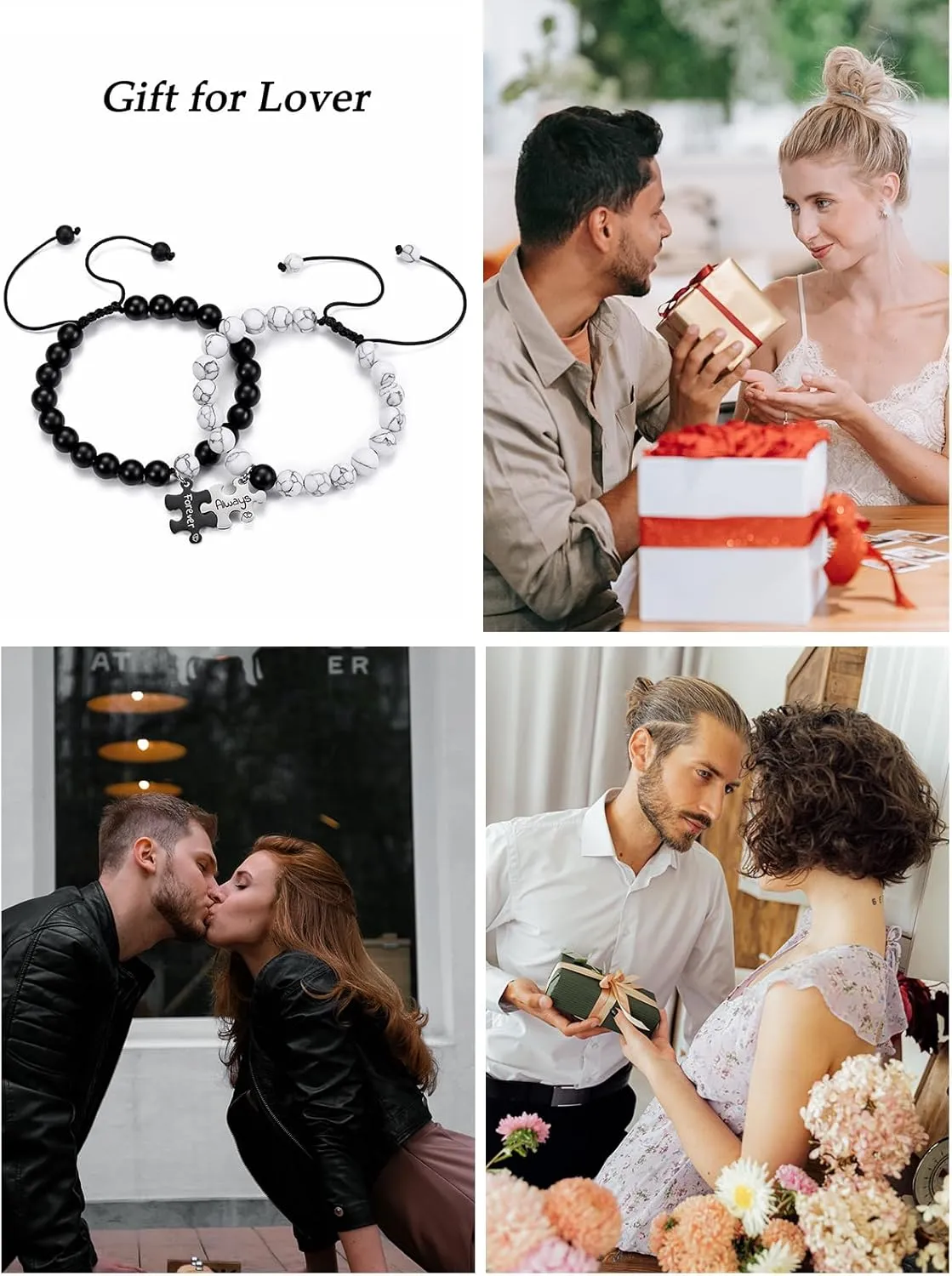 Top Plaza 2pcs Couple Bracelets Healing Crystal Black Agate White Turquoise Bracelets for Couples Matching Heart Bracelet for Lover Him & Her Boyfriend Girlfriend Valentine's Day Gifts