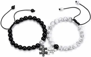 Top Plaza 2pcs Couple Bracelets Healing Crystal Black Agate White Turquoise Bracelets for Couples Matching Heart Bracelet for Lover Him & Her Boyfriend Girlfriend Valentine's Day Gifts