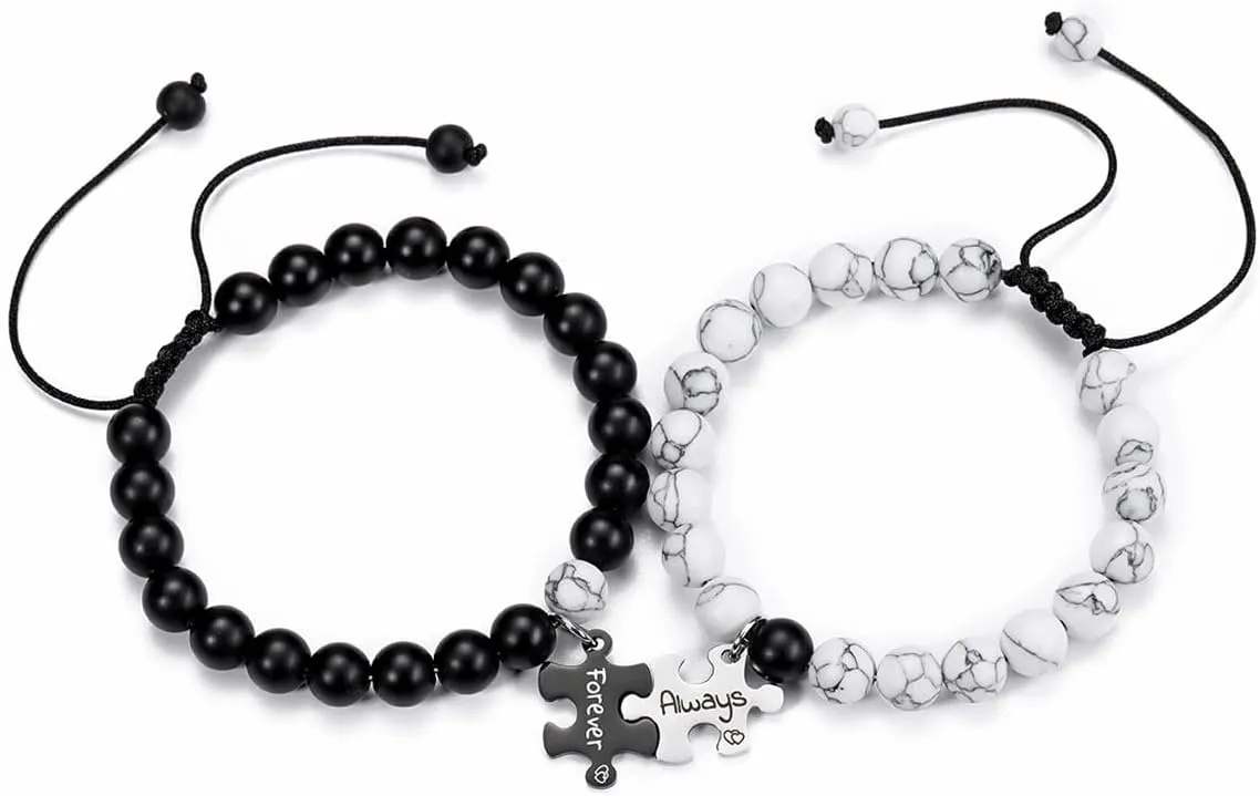Top Plaza 2pcs Couple Bracelets Healing Crystal Black Agate White Turquoise Bracelets for Couples Matching Heart Bracelet for Lover Him & Her Boyfriend Girlfriend Valentine's Day Gifts