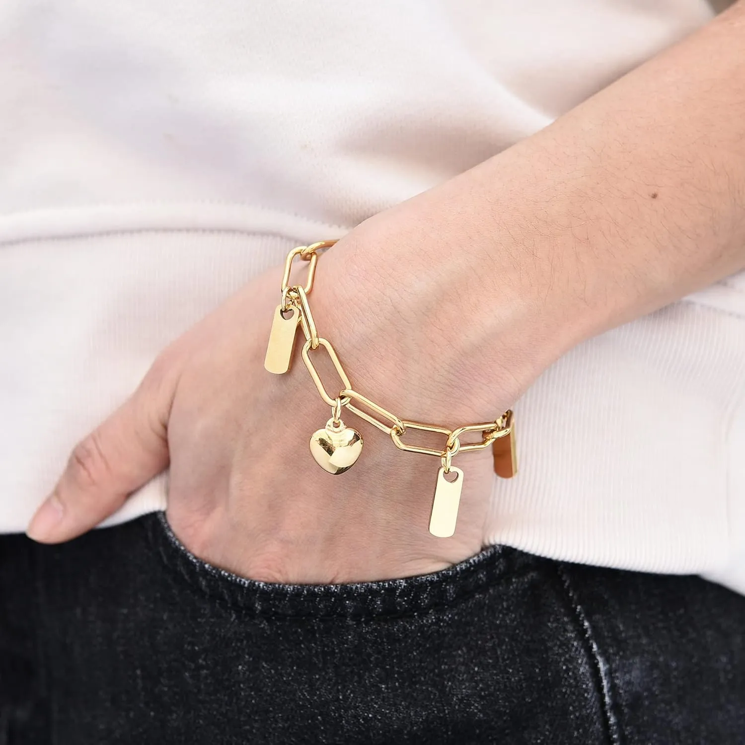 Top Plaza Dainty Chain Bracelets for Women Adjustable Link Heart Bracelet with Charms Customizable Best Friend Name Bracelets Friendship Jewelry Christmas Gifts