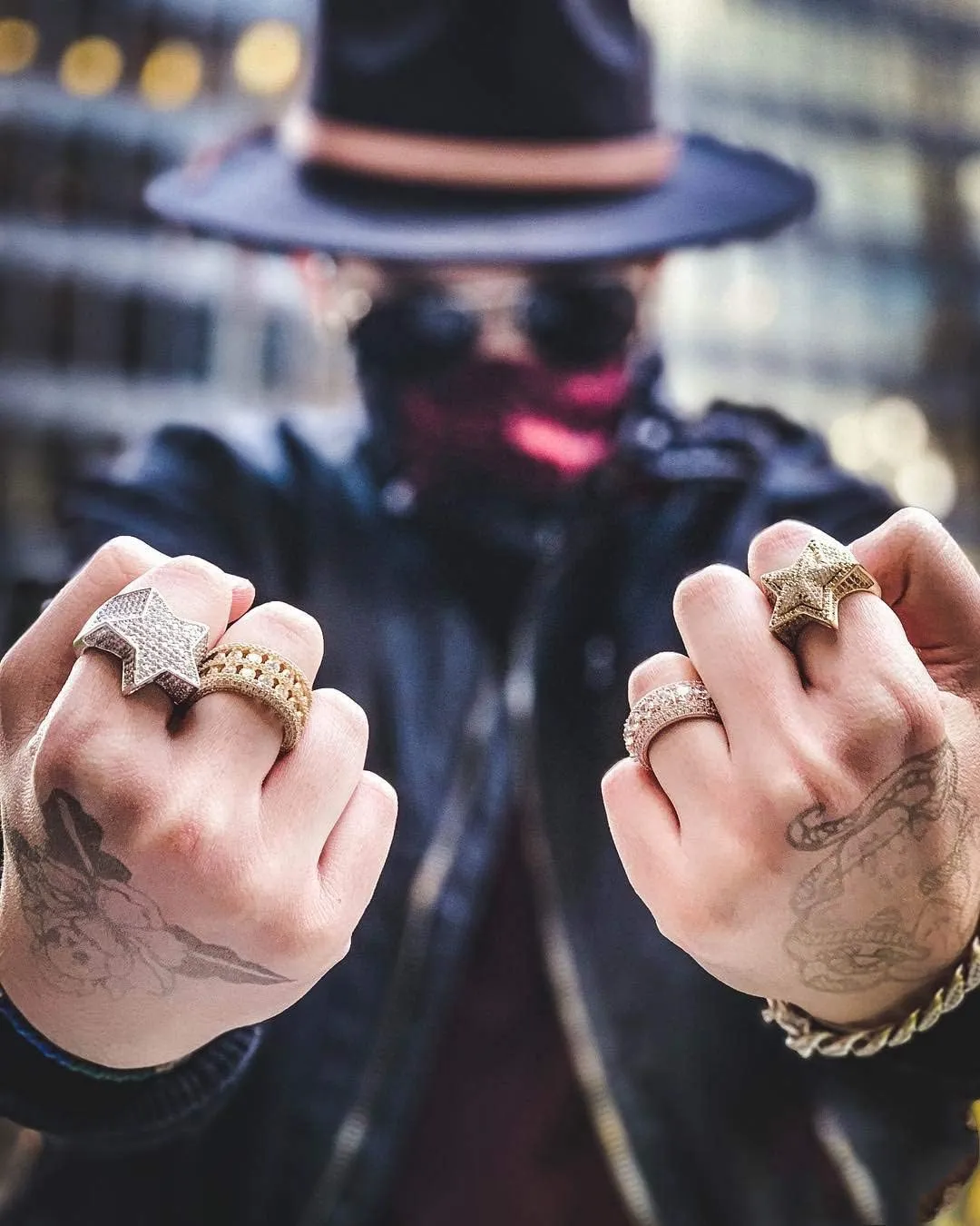 TOPGRILLZ 14K Golden Plated Star Ring Iced Out CZ Simulated Diamond Punky Rappers Ring for Men Engagement Hip Hop Jewelry