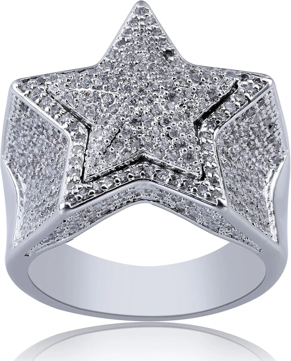TOPGRILLZ 14K Golden Plated Star Ring Iced Out CZ Simulated Diamond Punky Rappers Ring for Men Engagement Hip Hop Jewelry