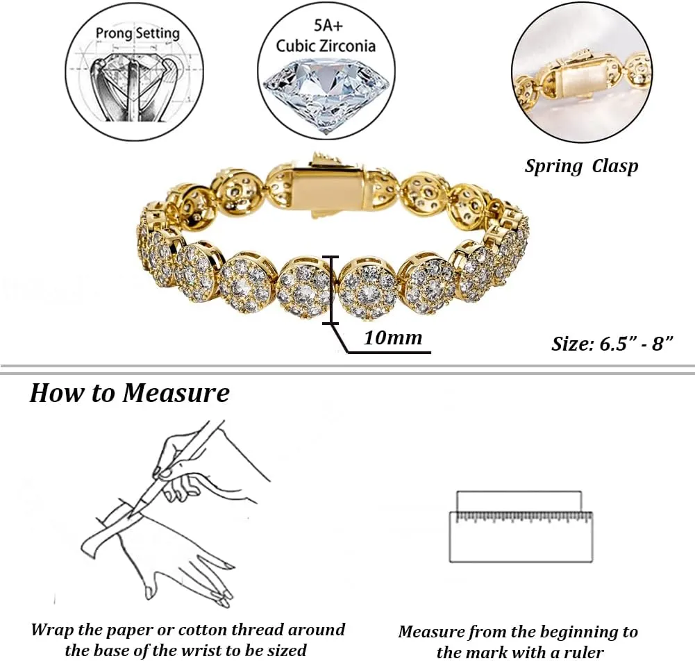 TOPGRILLZ Gold Bracelet Tennis Bracelets for Women Mens 1 Row 10mm 14K Gold Plated Iced Out Cubic Zirconia Solitaire Cluster Pulseras Para Mujer