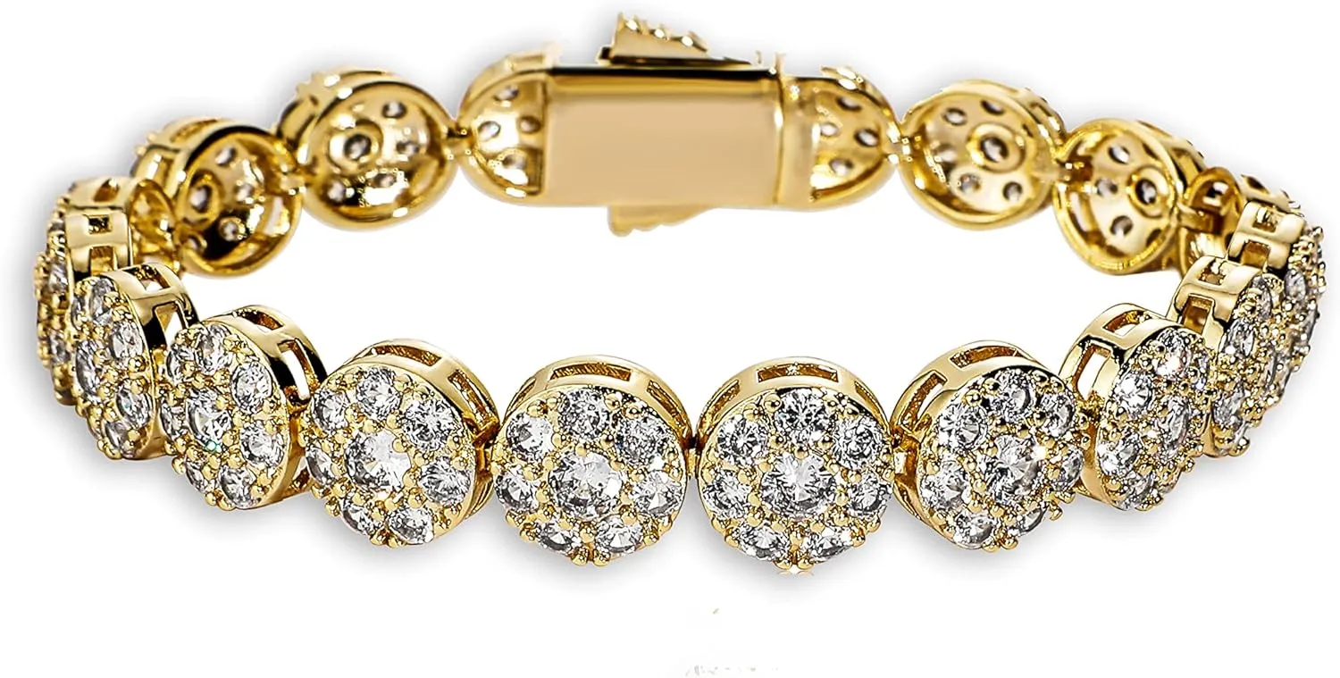 TOPGRILLZ Gold Bracelet Tennis Bracelets for Women Mens 1 Row 10mm 14K Gold Plated Iced Out Cubic Zirconia Solitaire Cluster Pulseras Para Mujer