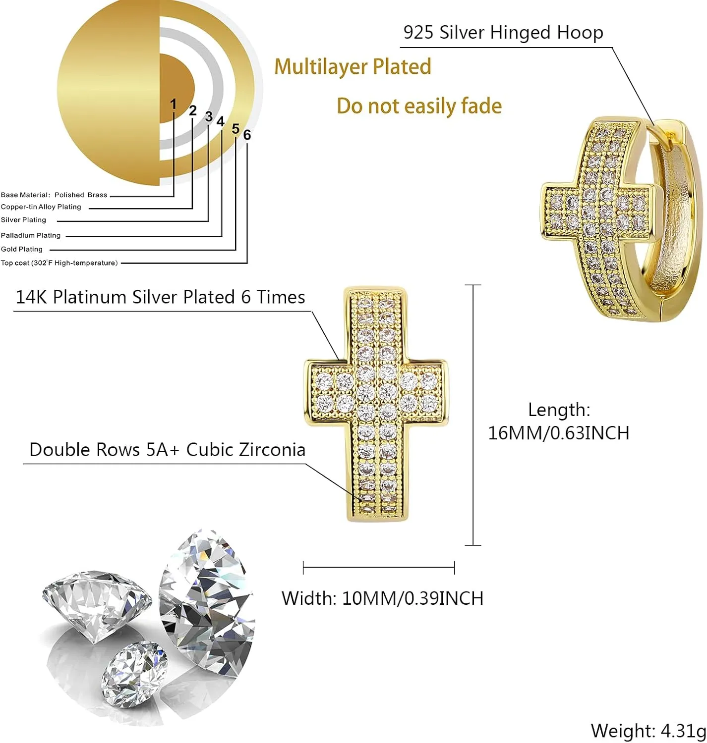 TOPGRILLZ Gold Plated Hoop Earrings For Men 14K Golden Silver Plated 5A  Cubic Zirconia Huggie Earrings Cartilage Hypoallergenic Cuff Earrings Trendy