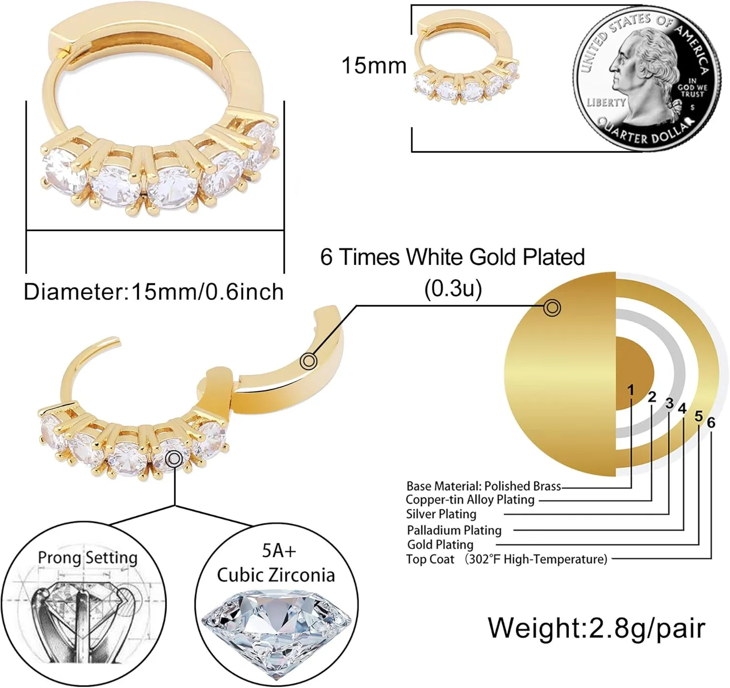 TOPGRILLZ Gold Plated Hoop Earrings For Men 14K Golden Silver Plated 5A  Cubic Zirconia Huggie Earrings Cartilage Hypoallergenic Cuff Earrings Trendy