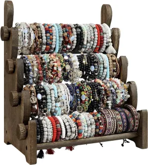 TOPNEW 4 Tier Wooden Bracelet Holder, Bangle Watch Necklace Display Storage Jewelry Holder Stand Display Organizer, Brown 4 Tier Wooden Bracelet Holder
