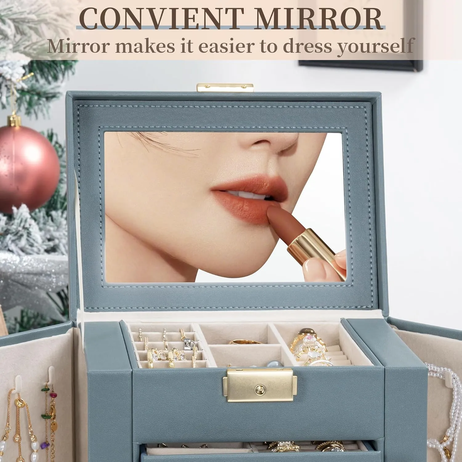 TORIBIO Large Jewelry Box for Women, Leather Jewelry Organizer with Mirror & Lock, 6-Tier Jewelry Storage Case for Girls/Women/Mothers, Necklace Earring Bracelets Holder Organizer, Grey Blue