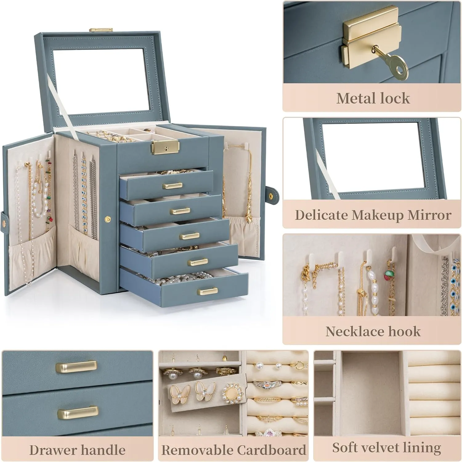 TORIBIO Large Jewelry Box for Women, Leather Jewelry Organizer with Mirror & Lock, 6-Tier Jewelry Storage Case for Girls/Women/Mothers, Necklace Earring Bracelets Holder Organizer, Grey Blue