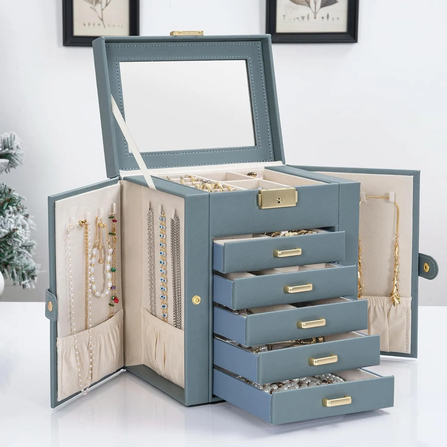TORIBIO Large Jewelry Box for Women, Leather Jewelry Organizer with Mirror & Lock, 6-Tier Jewelry Storage Case for Girls/Women/Mothers, Necklace Earring Bracelets Holder Organizer, Grey Blue