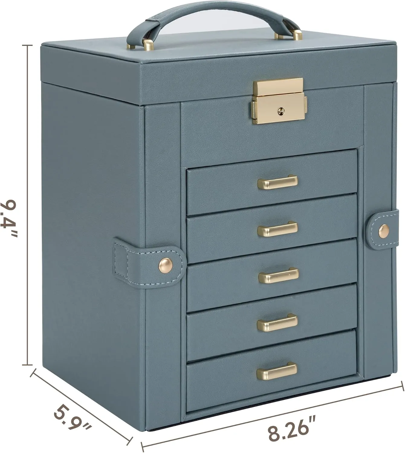TORIBIO Large Jewelry Box for Women, Leather Jewelry Organizer with Mirror & Lock, 6-Tier Jewelry Storage Case for Girls/Women/Mothers, Necklace Earring Bracelets Holder Organizer, Grey Blue