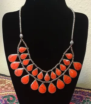 Traditional Necklace from Afghanistan ~ 2 Rows of Red Stone Drops