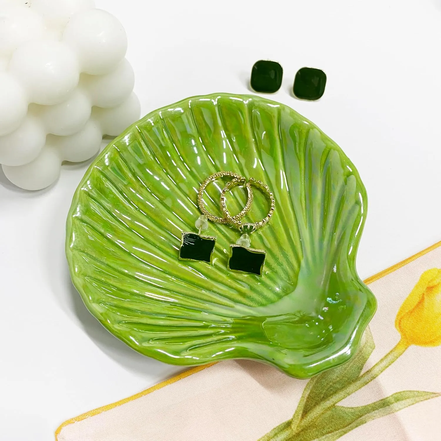 Trinket Dish Shell, Ceramic Jewelry Dish Seashell, Seashell Shape Jewelry Holder Plate for Rings Earrings Necklaces Bracelet, Decorative Tray for Mom Friend Sister, 3.9", Green Iridescent Surface