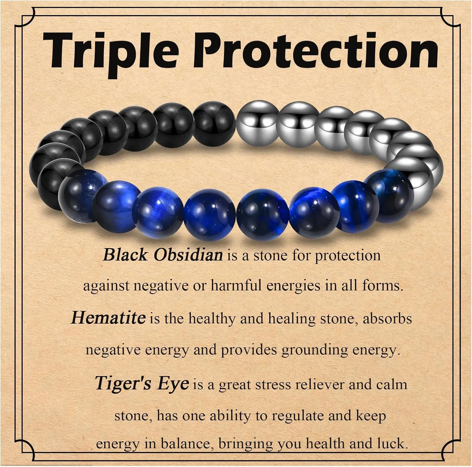 Triple Protection Bracelet for Men Gifts Black Obsidian Hematite Tiger Eye Bracelet Gifts for Birthday Inspirational Christmas Fathers Day