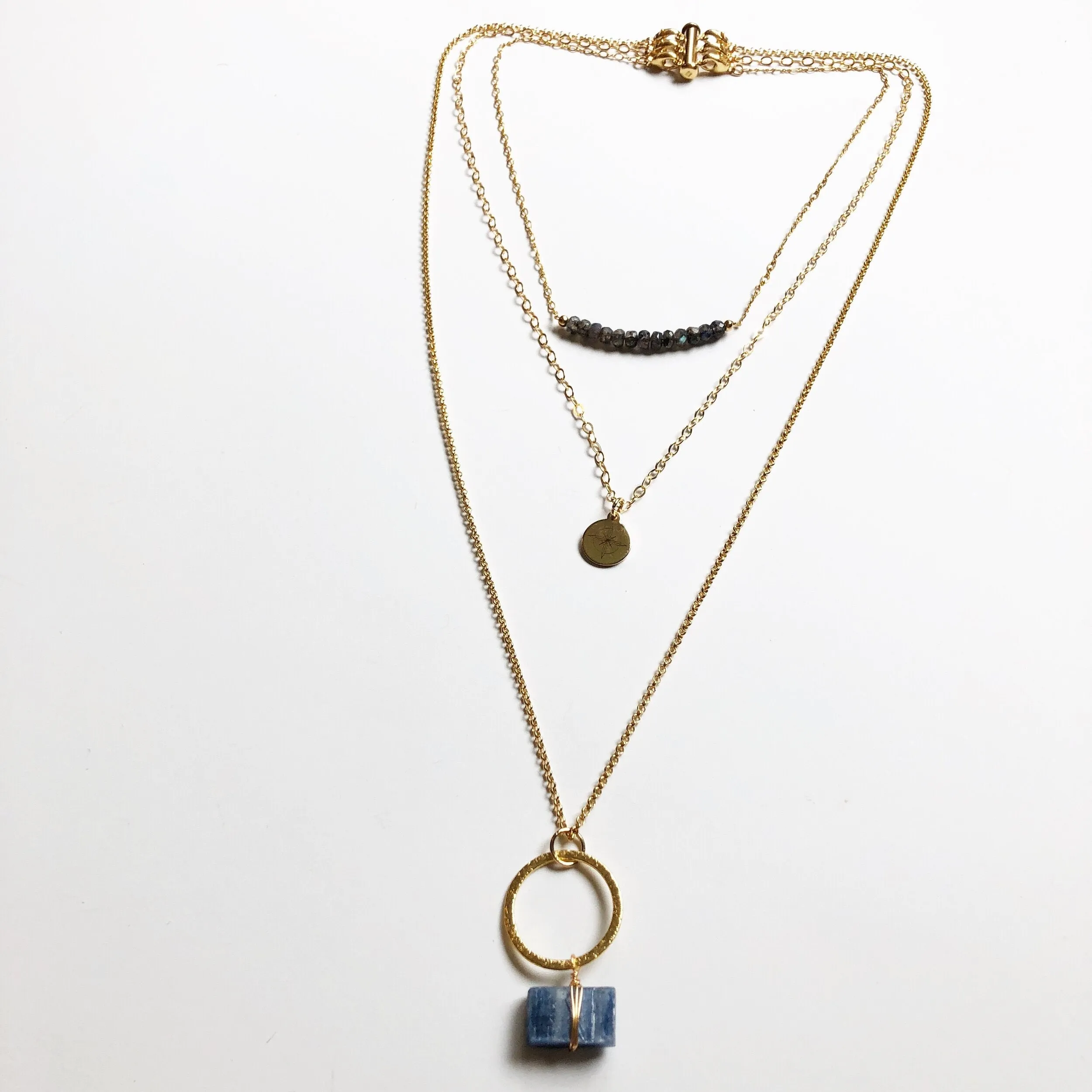 Trust Yourself: Kyanite Geometric Pendant Necklace in Gold or Silver (26 inches)