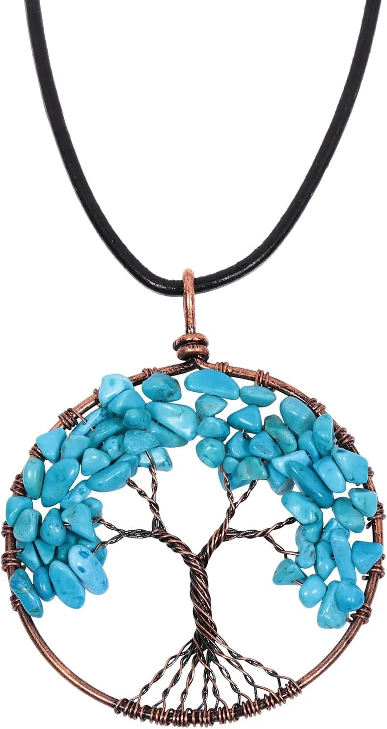 TUMBEELLUWA Tree Pendant Healing Crystal Necklace Gemstone Chakra Copper Plated Handmade Jewelry for Women Men