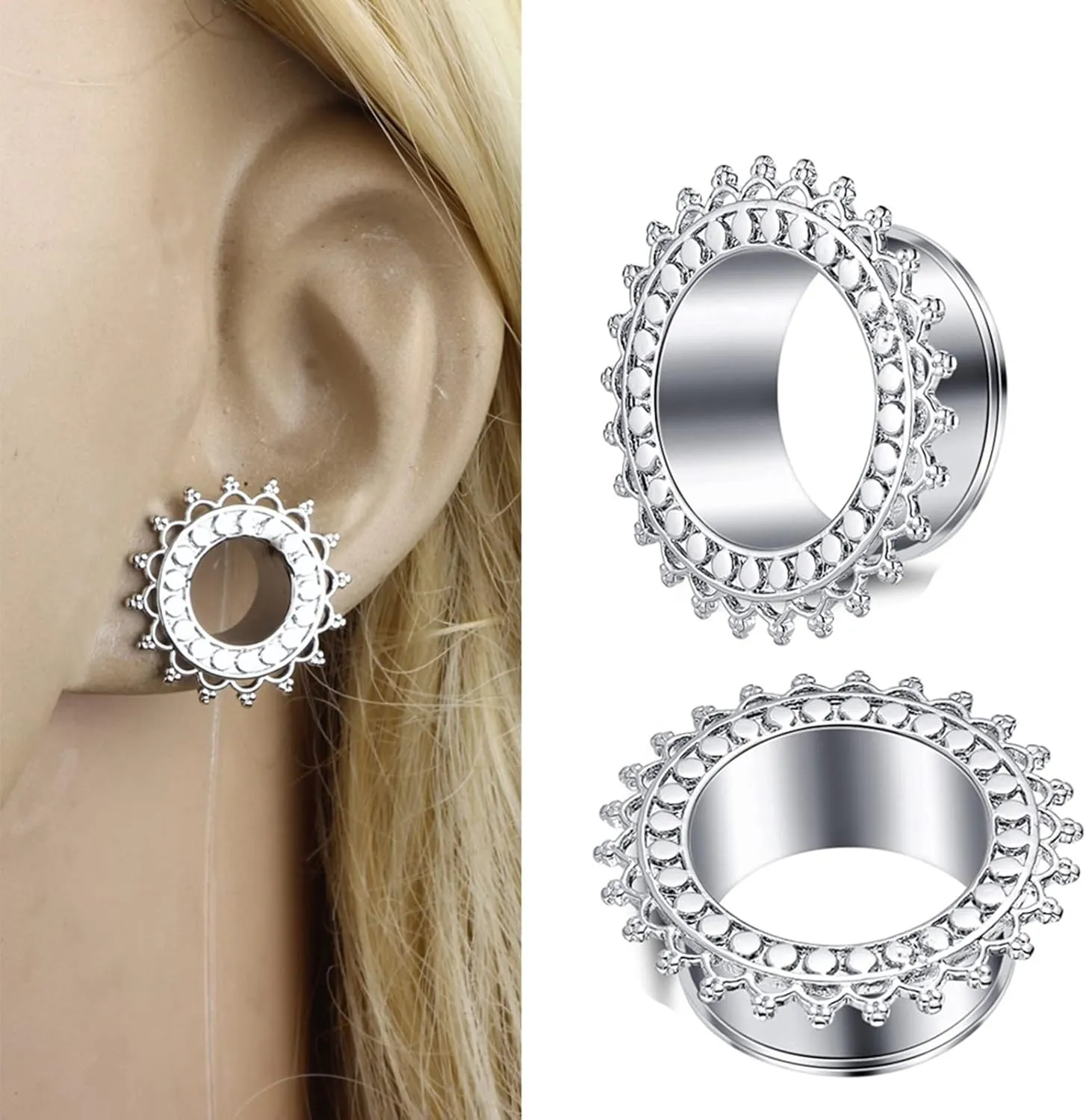 Tunnel Earrings, 1 Pair Ear Gauges Stainless Steel Gold/Silver with Vintage Flower Body Jewelry Piercing Kit