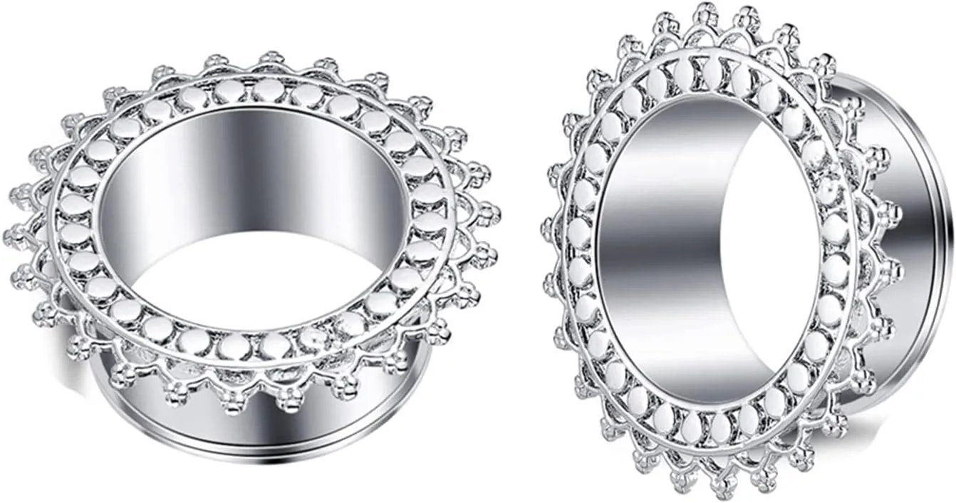 Tunnel Earrings, 1 Pair Ear Gauges Stainless Steel Gold/Silver with Vintage Flower Body Jewelry Piercing Kit