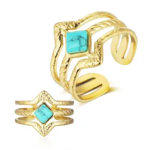 Turquoise Ring, Diamond Gemstone Rings for Women, Gold Plated Stainless Steel Western Ring for Turquoise Jewelry, Unisex Adjustable Ring for Men (Diamond Turquoise)
