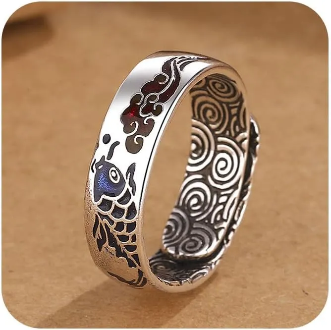 Tuwiqsdi Fish Ring Fashion Vintage Cloisonn Enamel Koi Fish Lucky Cloud Ring Chinese Style Adjustable Open Ring for Men and Women National Trend Jewelry
