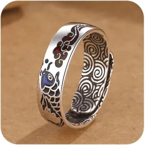 Tuwiqsdi Fish Ring Fashion Vintage Cloisonn Enamel Koi Fish Lucky Cloud Ring Chinese Style Adjustable Open Ring for Men and Women National Trend Jewelry