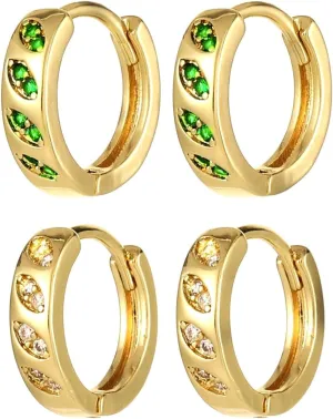 Two Pairs18k Gold Plated Cubic Zirconia Hoop Earrings For Women Filled With CZ Stones | Hypoallergenic Huggies Earring women