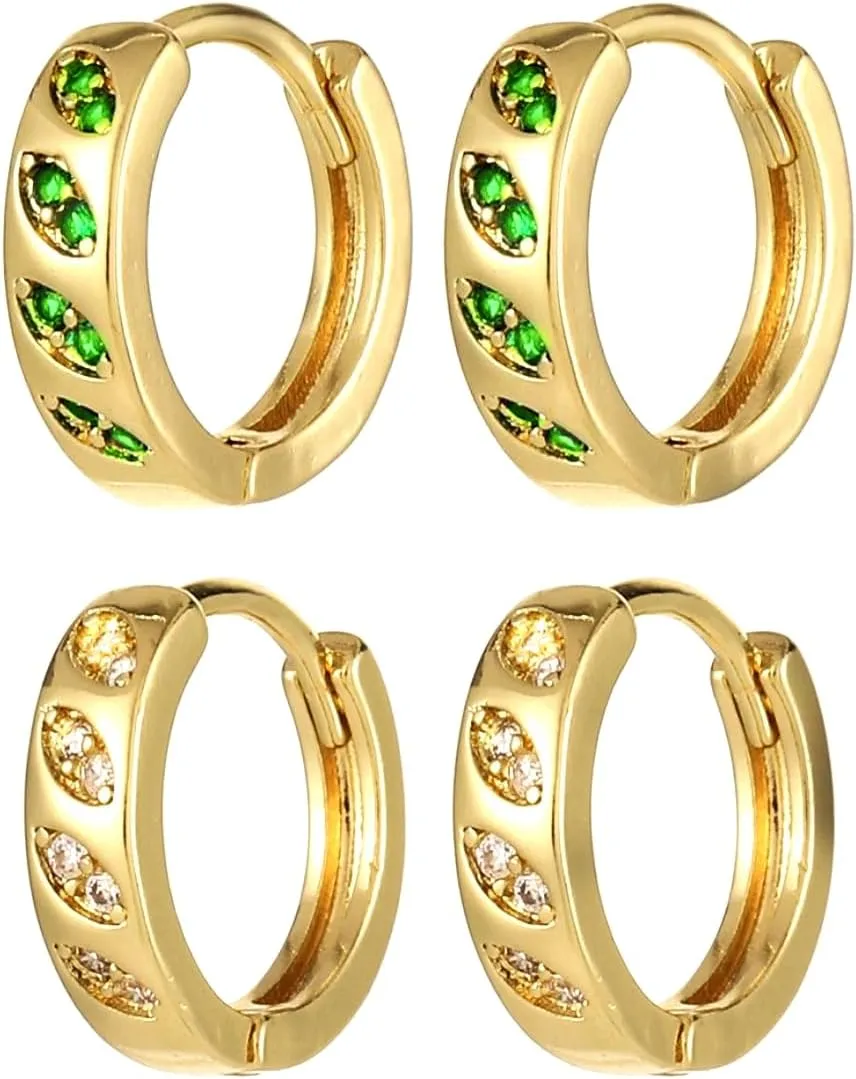 Two Pairs18k Gold Plated Cubic Zirconia Hoop Earrings For Women Filled With CZ Stones | Hypoallergenic Huggies Earring women