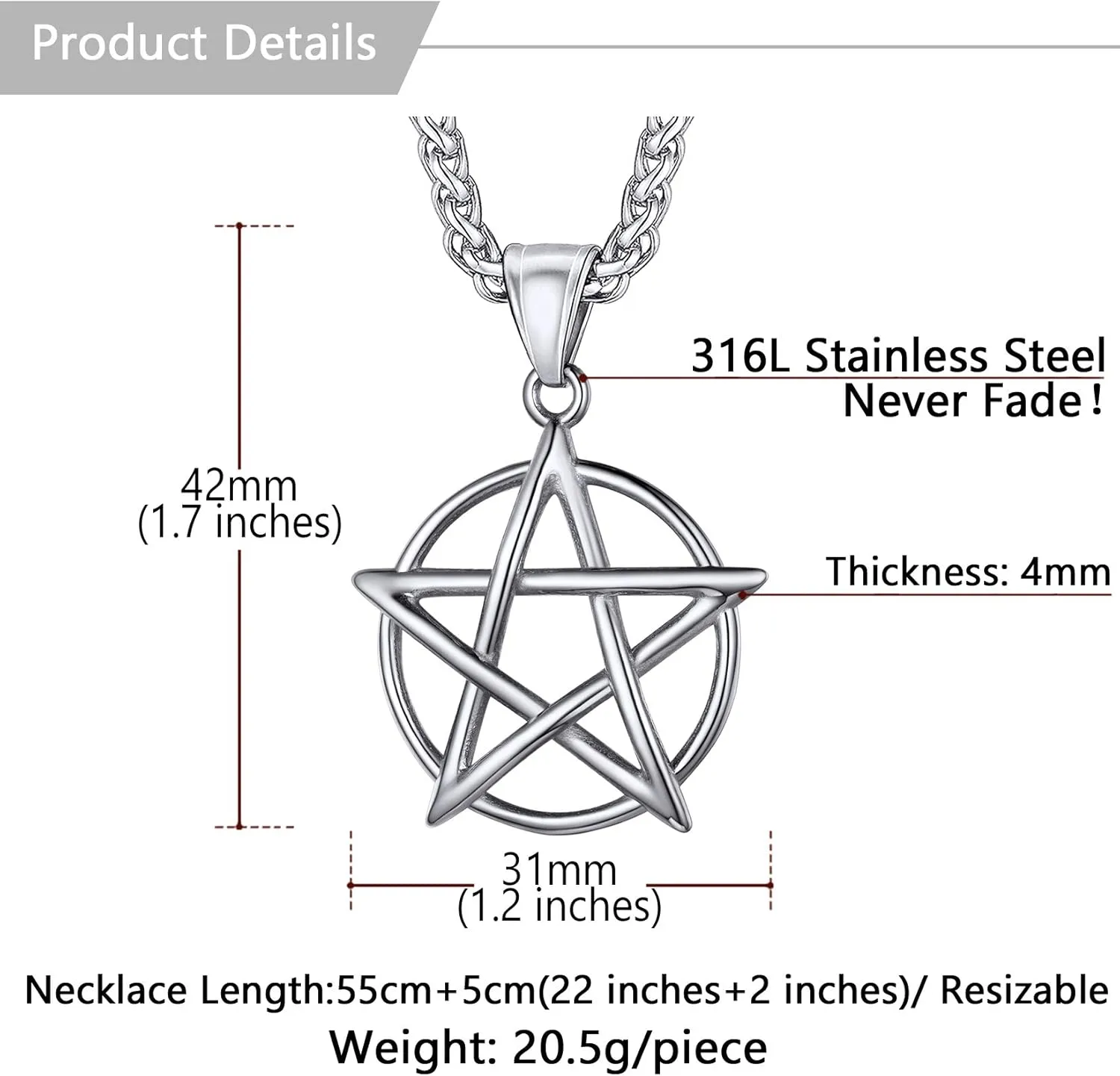 U7 Wiccan Necklace Pagan Pendant Men Women Stainless Steel/Black/18K Gold Plated Pentagram/Norse Viking/Raven Occult Necklaces