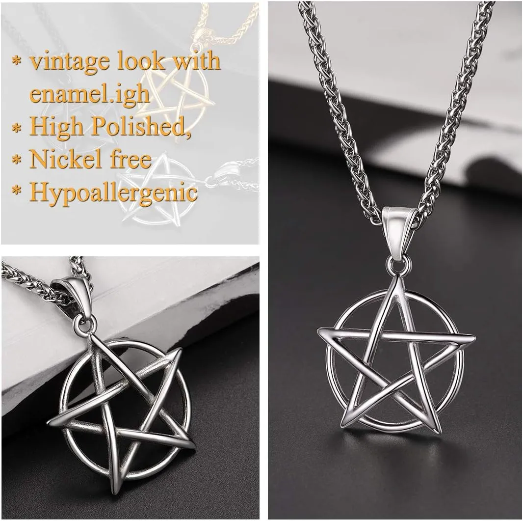 U7 Wiccan Necklace Pagan Pendant Men Women Stainless Steel/Black/18K Gold Plated Pentagram/Norse Viking/Raven Occult Necklaces