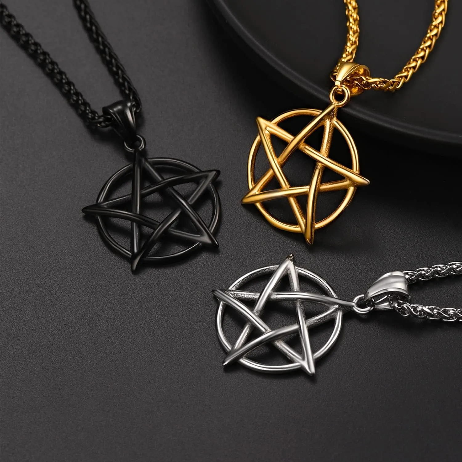 U7 Wiccan Necklace Pagan Pendant Men Women Stainless Steel/Black/18K Gold Plated Pentagram/Norse Viking/Raven Occult Necklaces