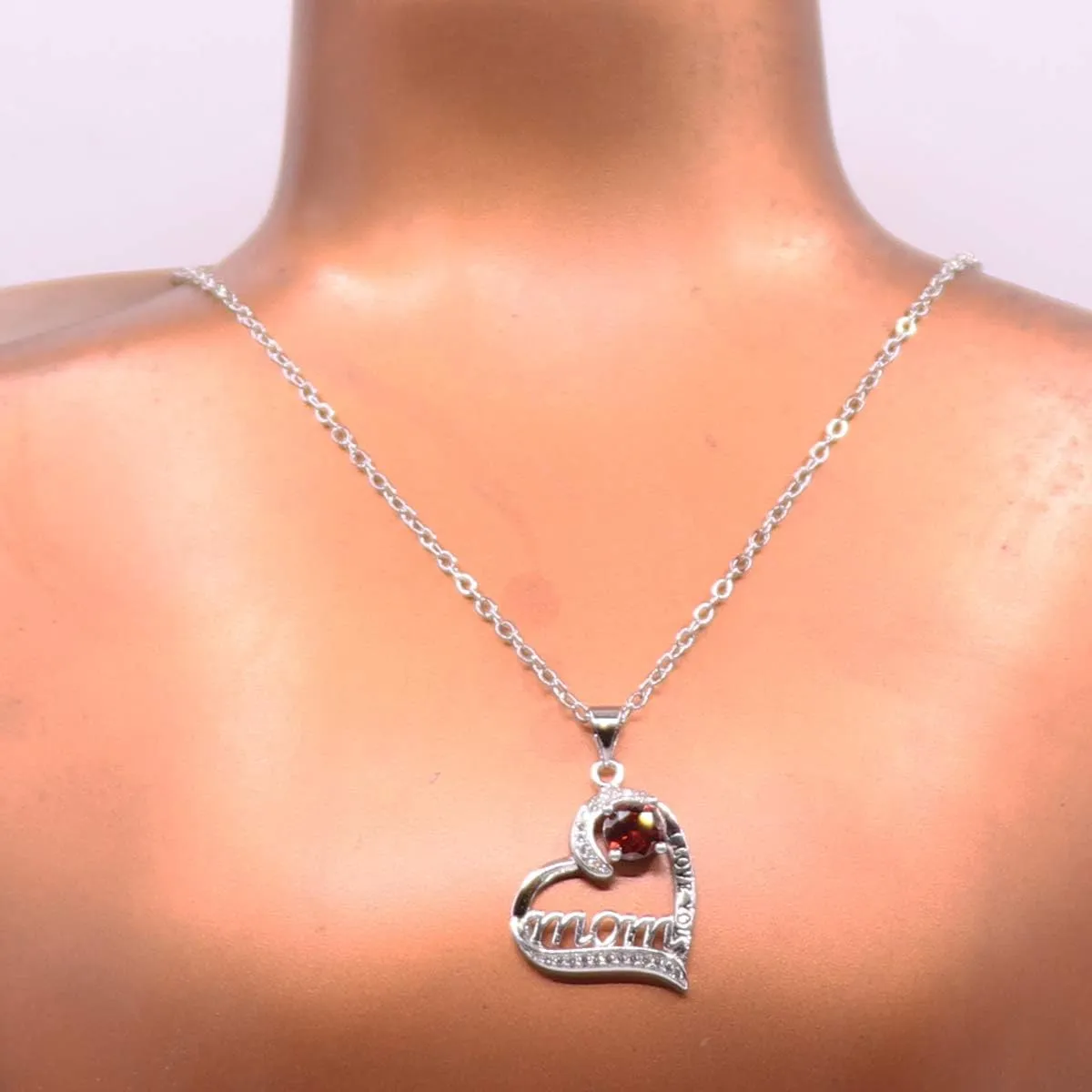 UEUC I LOVE YOU Mom Birth Stones Necklace, Silver Love Heart Pendant Necklace for Mom, Necklace Gift for Mother with 18'' 2'' Chain