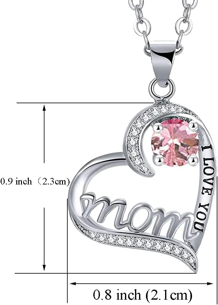 UEUC I LOVE YOU Mom Birth Stones Necklace, Silver Love Heart Pendant Necklace for Mom, Necklace Gift for Mother with 18'' 2'' Chain