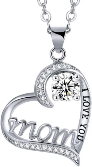 UEUC I LOVE YOU Mom Birth Stones Necklace, Silver Love Heart Pendant Necklace for Mom, Necklace Gift for Mother with 18'' 2'' Chain