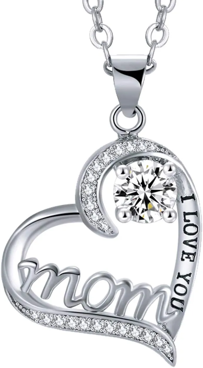 UEUC I LOVE YOU Mom Birth Stones Necklace, Silver Love Heart Pendant Necklace for Mom, Necklace Gift for Mother with 18'' 2'' Chain
