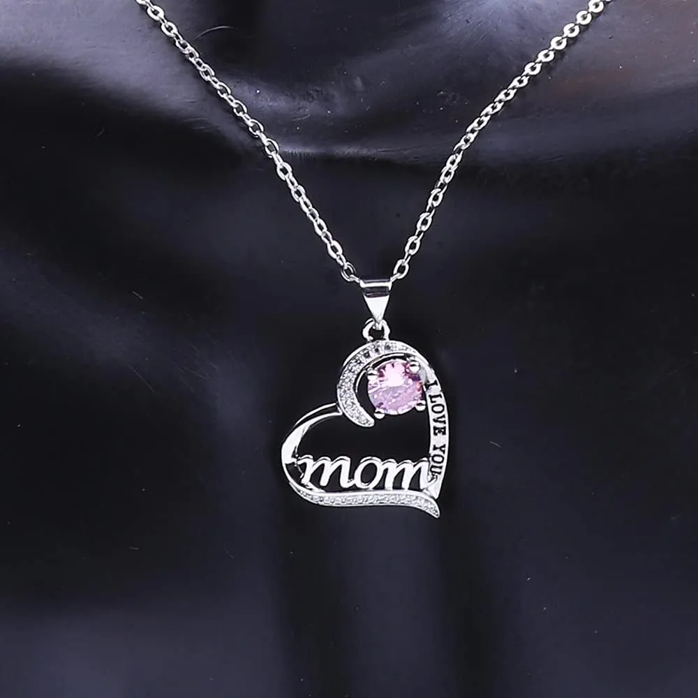 UEUC I LOVE YOU Mom Birth Stones Necklace, Silver Love Heart Pendant Necklace for Mom, Necklace Gift for Mother with 18'' 2'' Chain