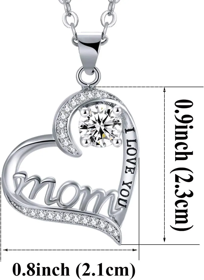 UEUC I LOVE YOU Mom Birth Stones Necklace, Silver Love Heart Pendant Necklace for Mom, Necklace Gift for Mother with 18'' 2'' Chain